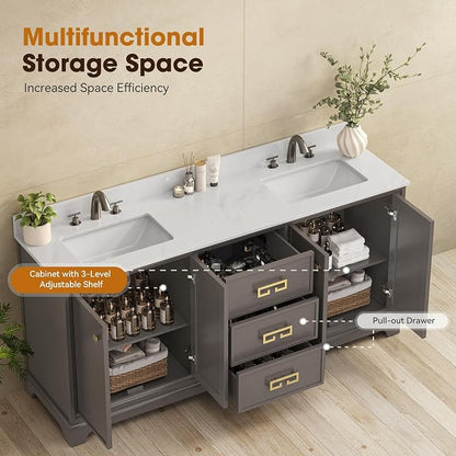 72 Inch Double Sink Bathroom Vanity, Dark Walnut | Fully Assembled Bathroom Sink Cabinet, Marble Countertop & Backsplash, Soft Closing 4 Doors & 3 Drawers, Adjustable Shelves