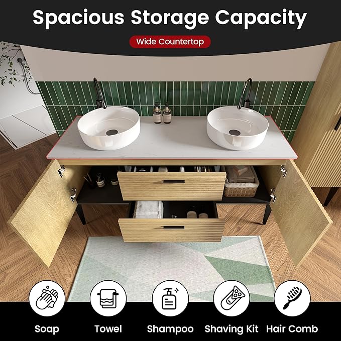 60" Bathroom Vanity with Double Sink, Modern Double Ceramic Vessel Sink Bathroom Vanity with Soft-Closing Drawers & Doors, Engineered Stone Countertop, Natural Oak