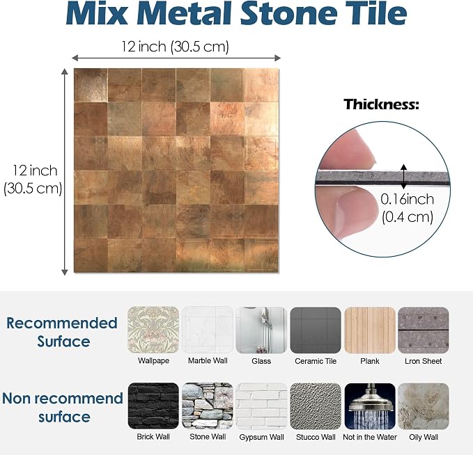 Yipscazo 20-Sheets Peel and Stick Backsplash Mosaic Tile Stainless Steel Kitchen Backsplash Retro Brown Stick on Tiles for Kitchen, Bathroom, Laundry Room, Camper, Fireplace