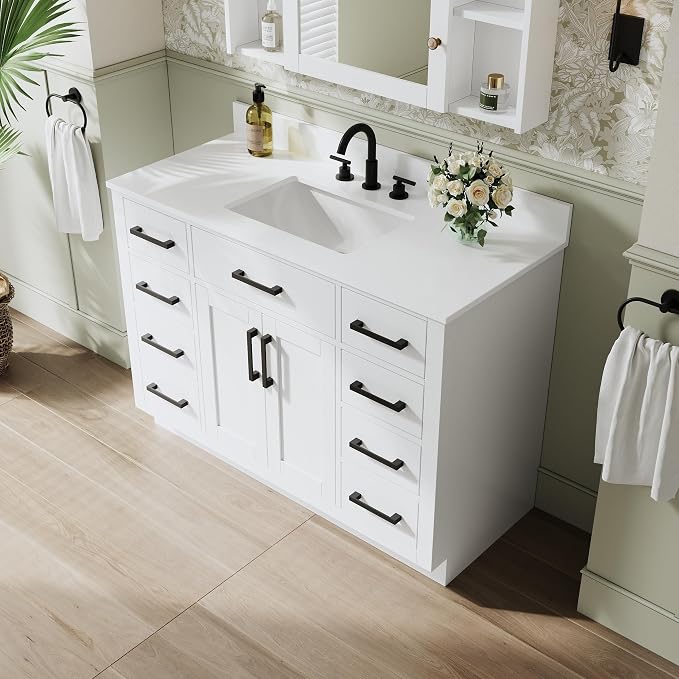 48-Inch Bathroom Vanity with Sink W/ 2 Doors & 8 Drawers & 1 Flip Drawer, White Vanity W/Matte Black Handles