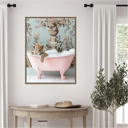 Amanti Art Framed Canvas Wall Art 30x23 Leopard Pink Bubble Bath by Niky Rahner, Framed Wall Art Canvas, Animals Artwork, Traditional Decor, Large Poster Painting for Living Room, Bedroom, Bathroom