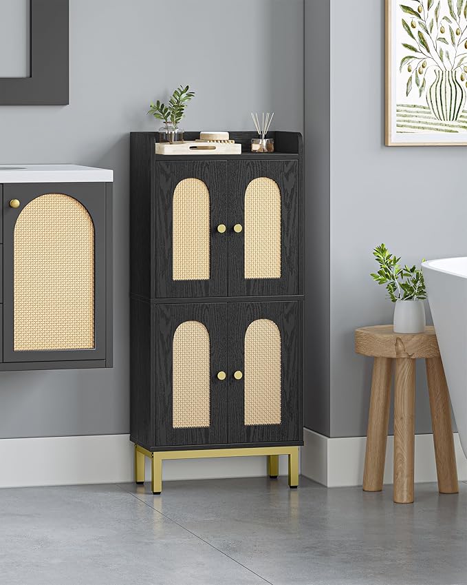 Bathroom Cabinet, Small Storage Cabinet with 4 Doors, Bathroom Organizers and Storage Cabinets with Adjustable Feet, Cabinets Freestanding for Living Room, Kitchen, 7.1"D x 14.6"W x 32.7"H