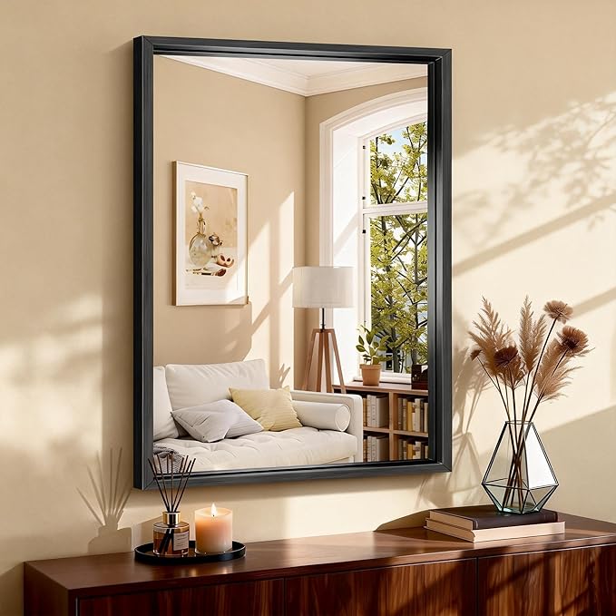 CIRCUMI 30"x42" Black Mirror with Chunky Box Metal Frame, Brushed Finish Rectangular Bathroom Mirrors for Over Sink, Living Room, Entryway, Tempered Glass Mirror for Wall, Vertical or Horizontal