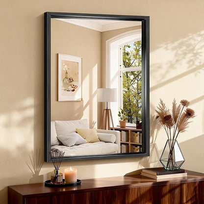 CIRCUMI 30"x42" Black Mirror with Chunky Box Metal Frame, Brushed Finish Rectangular Bathroom Mirrors for Over Sink, Living Room, Entryway, Tempered Glass Mirror for Wall, Vertical or Horizontal