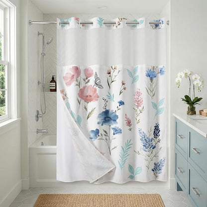 Americanflat 72x75 Hookless Shower Curtain - Water-Resistant Floral Shower Curtain with Sheer Panel, Snap-in Liner, and Grommets - 100% Polyester - Botanical Bathroom Curtains - Pink, Blue and White