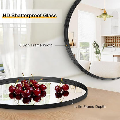 Black Round Mirror 18 inch Deep Frame Circle Mirror, Metal Framed Bathroom Mirror, Round Vanity Mirror, Circle Mirrors for Wall Entryway Bedroom Living Room Hallway