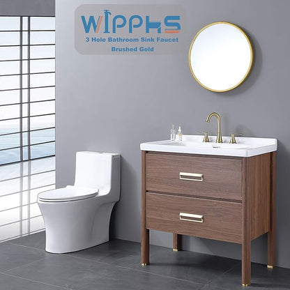 Bathroom Faucet for Sink 3 Hole with Pop Up Drain and cUPC Faucets Supply Hose, 2 Handle 8 inch Brass Widespread Bathroom Sink Faucet, Brushed Gold Basin Faucet Taps Mixer