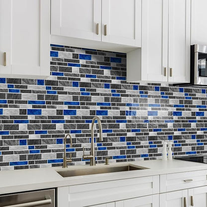 Alwayspon 10 Sheets 12" x12inch Blue Marble Effect Vinyl Tiles, Backsplash, Self-Adhesive Peel and Stick Wall Tile Stickers, Stick on Subway Tiles for Kitchen Bathroom Wall Decor