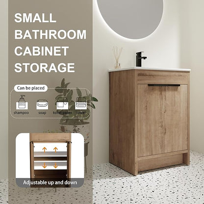SSLine 24-Inch Bathroom Vanity with Sink Mid-Century Bathroom Vanities with Top Basin Floor Wood Bathroom Sink Cabinet with Soft-Close Doors & Adjustable Storage Shelves (Natural Brown)