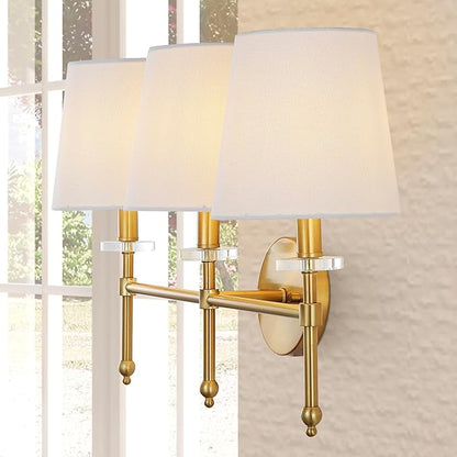 JONATHAN Y 23" Brass Gold Modern LED Wall Sconce, Midcentury Vanity Light for Bathroom Bedroom Hallway Decor, Iron Fixture with White Linen Empire Shade (JYL9921A)
