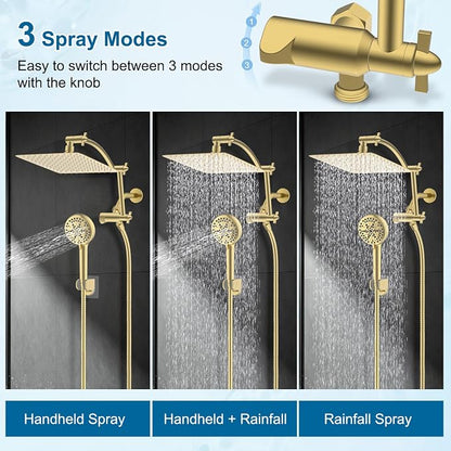 Hibbent Metal 10" High Pressure Rain Shower Head Combo, Brushed Gold | cUPC Certified Rainfall Shower Head with handheld 10 Sprays, 16'' Adjustable Extension Arm, 71'' Hose, Showerhead Holder