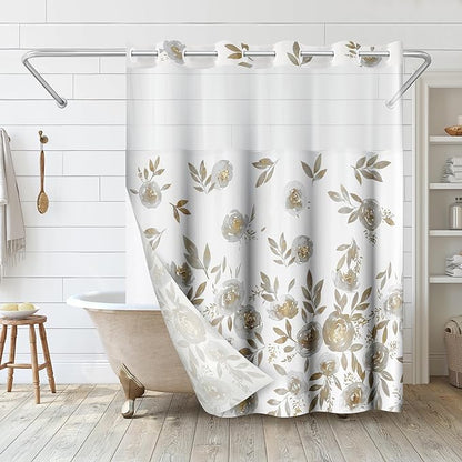 Americanflat 72x75 Hookless Shower Curtain - Water-Resistant Floral Shower Curtain with Sheer Panel, Snap-In Liner, and Grommets - 100% Polyester - Botanical Bathroom Curtains - Silver, White and Gold