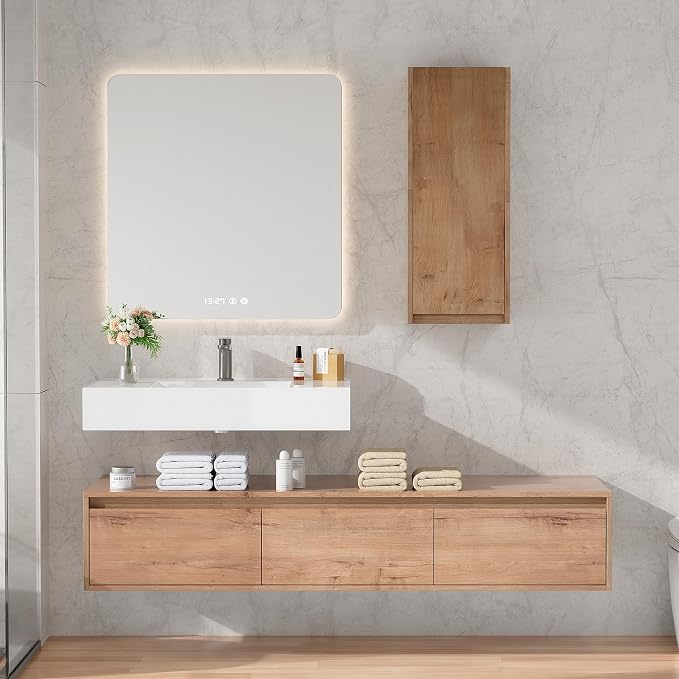 60 Inch Floating Bathroom Vanity with Single Sink, Modern Wall-Mounted Bathroom Cabinet with Resin Sink & Soft Close Drawer & Side Cabinet, Split-Level Layout (Nature Oak, 60"+1 Side Cabinet)