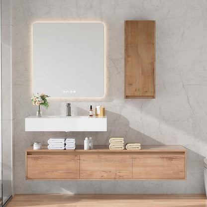 60 Inch Floating Bathroom Vanity with Single Sink, Modern Wall-Mounted Bathroom Cabinet with Resin Sink & Soft Close Drawer & Side Cabinet, Split-Level Layout (Nature Oak, 60"+1 Side Cabinet)