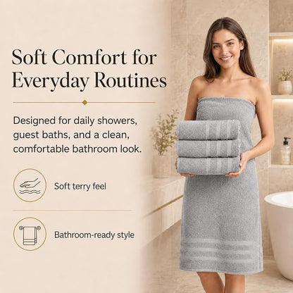 Velqora Bath Towels, 4 Pack, 30x60 in, 100% Cotton, Soft, Light Gray | Absorbent Terry | Balanced Weight | Easy Care