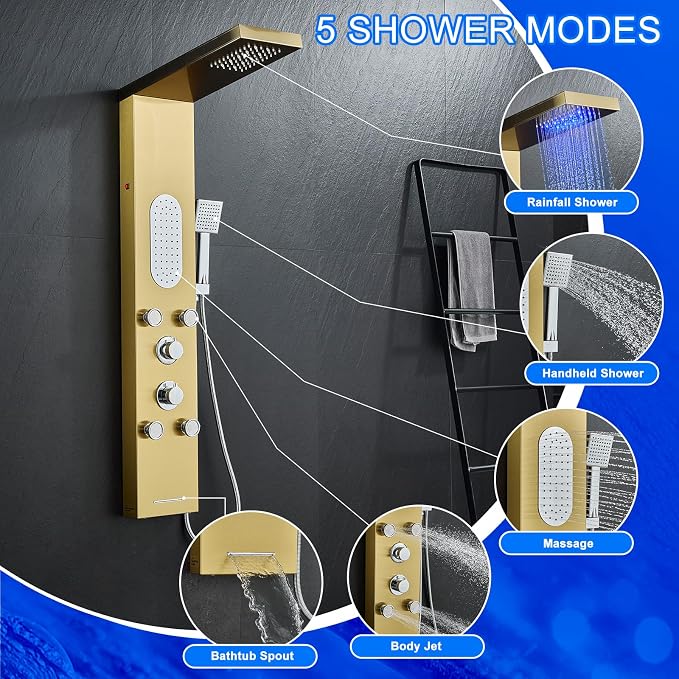 5-Jet LED Shower Panel Tower System Stainless Steel Brushed Gold | Rainfall head | 5 body jets | Handheld shower | LED lights | Brushed gold finish | Wall mount