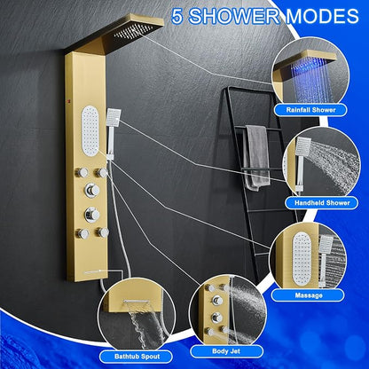 5-Jet LED Shower Panel Tower System Stainless Steel Brushed Gold | Rainfall head | 5 body jets | Handheld shower | LED lights | Brushed gold finish | Wall mount