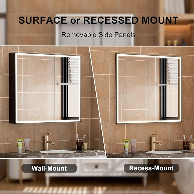 36" X 30" LED Mirrored Medicine Cabinet, Bathroom Medicine Cabinets with Lights for Bathroom, Defogging Function Mirror Cabinet, Medicine Cabinet with USB Port & Outlet, Double Doors