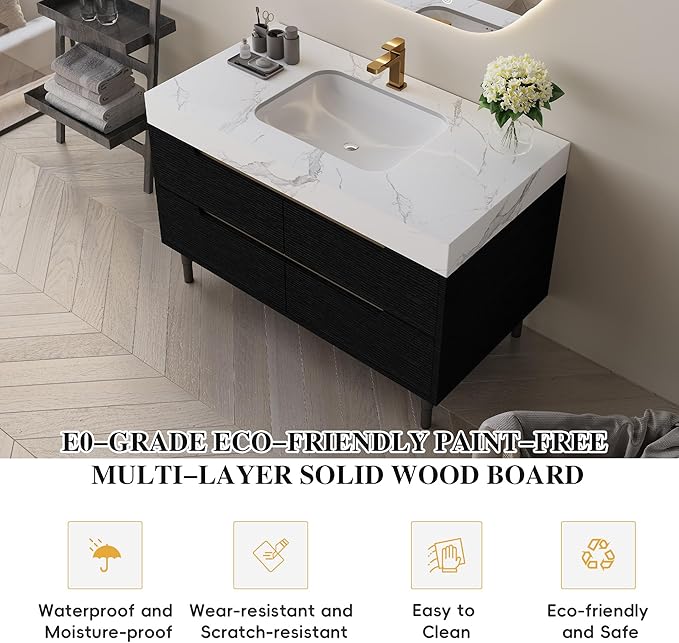 36" Bathroom Vanity with Undermount Sink Set, Modern Black 2-in-1 Wall Mounted & Freestanding Bathroom Vanity Cabinet with Sintered Stone top&4 Storage Drawers, Bathroom Single Sink Cabinet