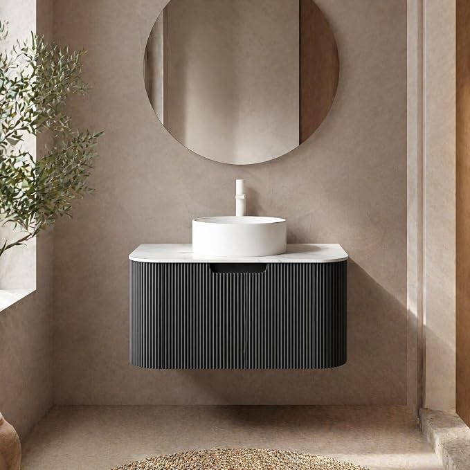 30 Inch Bathroom Vanity with Sink, Floating Wall Mounted Single Sink Vanity, Black Curved Fluted Front, Stone Top, Pure White Round Vessel Basin, Pre-Assembled