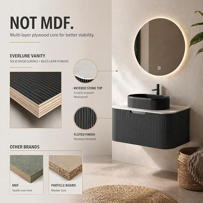 30 Inch Bathroom Vanity with Sink, Floating Wall Mounted Single Sink Vanity, Black Curved Fluted Front, Stone Top, Black Textured Rectangular Vessel Basin, Pre-Assembled