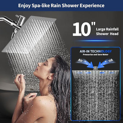 Airlex Shower Head Rain Shower Head with Handheld Spary, High Pressure Rainfall Showerhead and 4 Modes Handheld Shower Heads Built-in Power Wash with 71 Inch Stainless Steel Hose, 10'' Sliver
