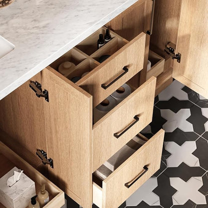 ARIEL Loren 60-inch Bathroom Vanity with Sink,Solid Wood, 1.5-inch Italian Carrara Marble Countertop, Double Rectangular Porcelain Sink, 4 Soft Closing Doors, 3 Dovetail Drawers, Natural Oak