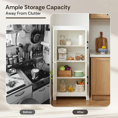 VUSIGN Bathroom Floor Cabinet, Farmhouse Storage Cabinet with 4 Doors, Adjustable Shelves, Modern Freestanding Storage Unit, Versatile Cupboard for Kitchen Living Room, Dining Room, Entryway, White