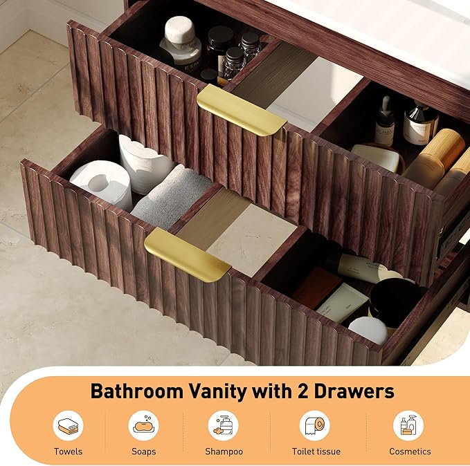 24 Inch Floating Bathroom Vanity Without Sink, Bathroom Wall Cabinet with 2 Fluted Drawers & Metal Handle, Wall Mounted Cabinet for Bathrooms (Brown, 24 inch, Without Sink)