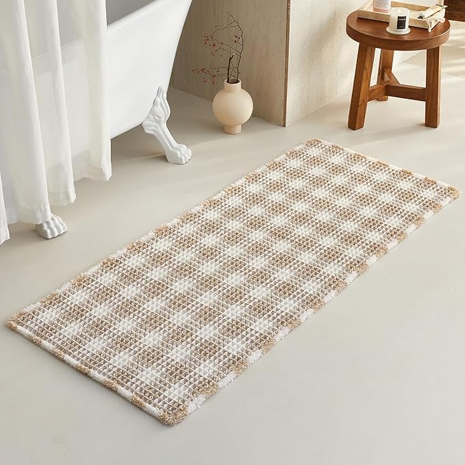 TYUU Waffle Runner Rug Bathroom, Long Boho Bath Mat, 60x24 Khaki & White | Super Absorbent Quick Dry Bath Rug, Non-Slip Backing, Soft Waffle Washable Farmhouse Bathroom Mats, Tub, Shower & Home Decor