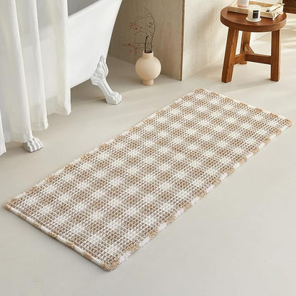 TYUU Waffle Runner Rug Bathroom, Long Boho Bath Mat, 60x24 Khaki & White | Super Absorbent Quick Dry Bath Rug, Non-Slip Backing, Soft Waffle Washable Farmhouse Bathroom Mats, Tub, Shower & Home Decor