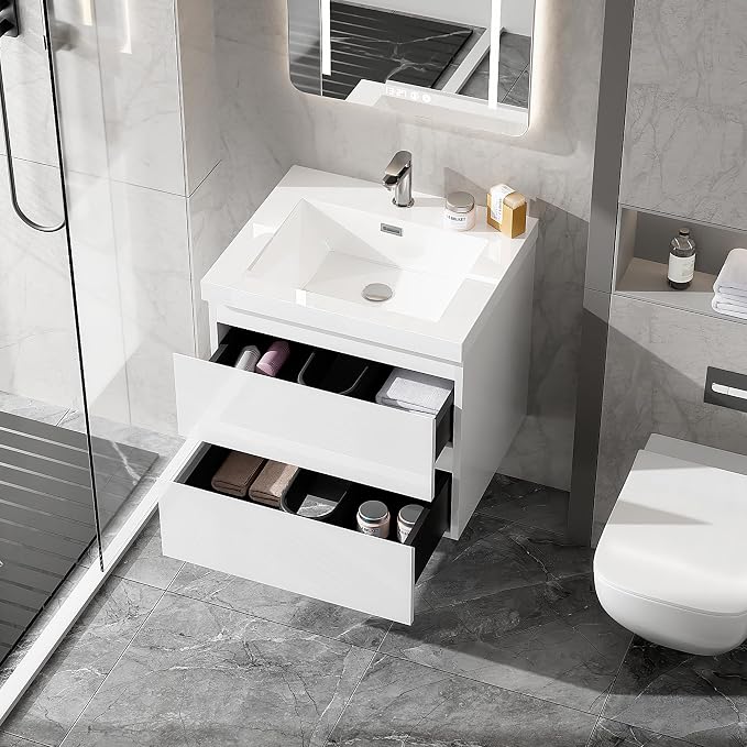 24 Inch Floating Bathroom Vanity with Sink, Large Storage Wall Mounted Floating Vanity with Soft Close Drawers, One-Piece Basin Bathroom Sink Cabinet (Glossy White, 24 Inch)
