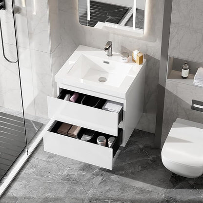 24 Inch Floating Bathroom Vanity with Sink, Large Storage Wall Mounted Floating Vanity with Soft Close Drawers, One-Piece Basin Bathroom Sink Cabinet (Glossy White, 24 Inch)
