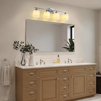Mecgirn Stainless Steel Milk Glass Vanity Lights for Bathroom, 4 Light Chrome Bathroom Light Fixtures Over Mirror, Ceramic E26 Sockets Wall Mounted
