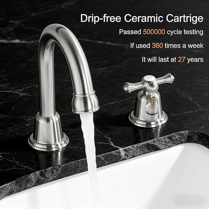 RKF Bathroom Faucets for Sink 3 Hole Brushed Nickel 8 inch Widespread Bathroom Sink Faucet with Drain 2 Handles Cross Knobs Faucet Bathroom Vanity Basin Mixer Tap CWF039-BN