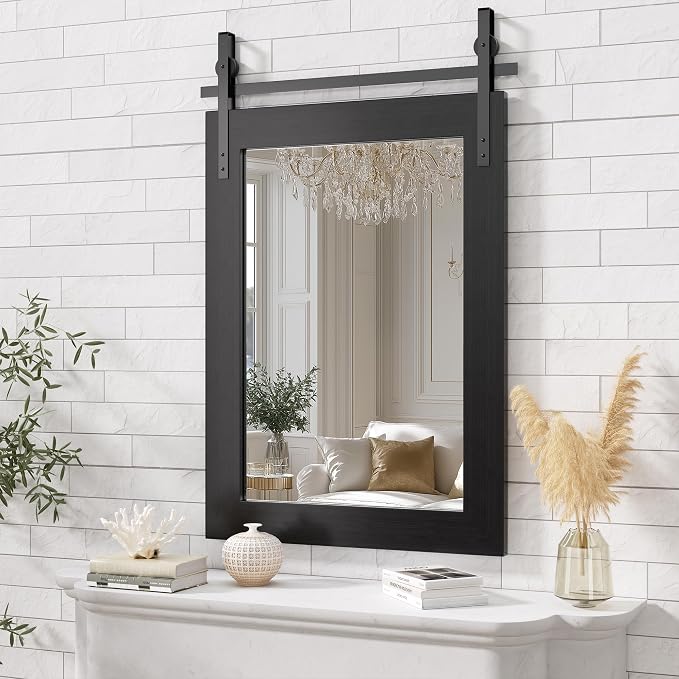 Hasipu Farmhouse Bathroom Mirror, 22"x30" Rustic Wood Framed Wall Mounted Mirror, Black Vintage Vanity Mirror Barn Door Style Decrative Mirrors