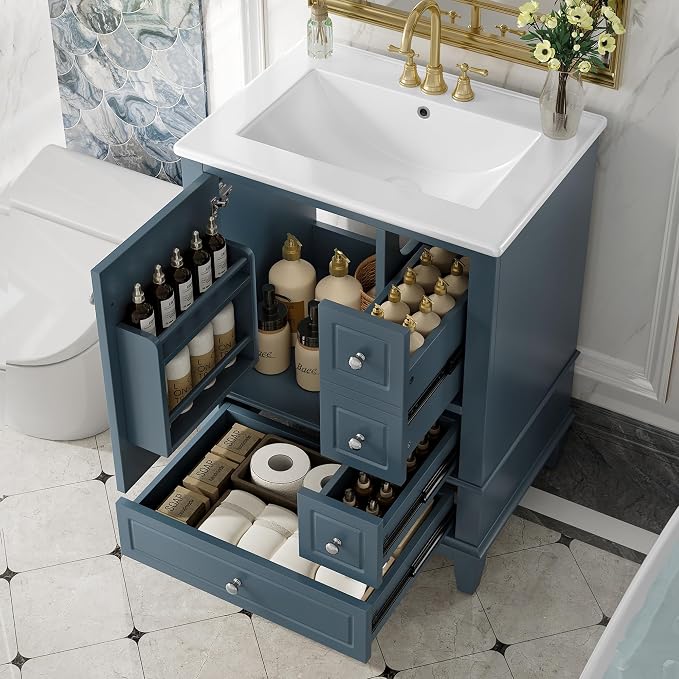 24" Vanity with Sink, Small Bathroom Vanities 24 Inch with Sink, Single Sink Bathroom Vanity with Door Shelf and Three Drawers, Restroom Vanity with Sink Top (Blue)
