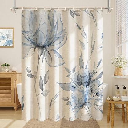Litabel Farmhouse Blue Floral Linen Shower Curtain, Boho Vintage Spring Cotton Shower Curtains for Chic Elegant Bathroom Decor, Ink Painting Style Blossom Fabric Bath Curtain, 72 x 72