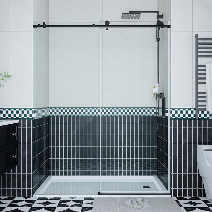 GarveeLife Frameless Sliding Shower Door 44-48 Inch W× 76 Inch H – Matte Black Stainless Steel Round Rail, Fixed Panel and Sliding Glass Shower Door with 6mm Tempered Glass, Easy Clean Coating