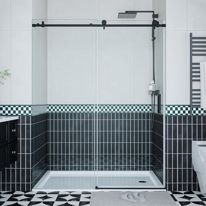 GarveeLife Frameless Sliding Shower Door 44-48 Inch W× 76 Inch H – Matte Black Stainless Steel Round Rail, Fixed Panel and Sliding Glass Shower Door with 6mm Tempered Glass, Easy Clean Coating