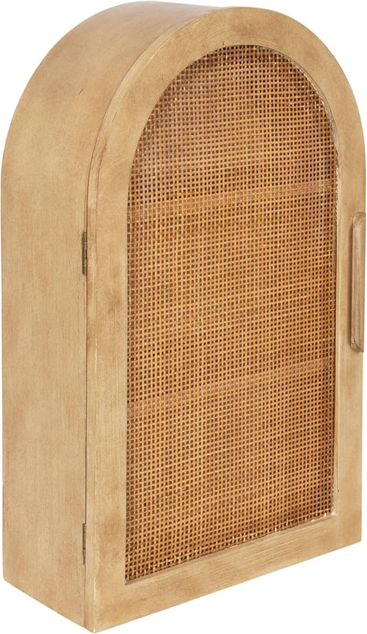 Kate and Laurel Ori Transitional Cane One-Door Arched Wall Cabinet, 15 x 8 x 24, Natural, Decorative Rattan Wall Storage Cabinet with Three Shelves for Entryway or Living Room Decor