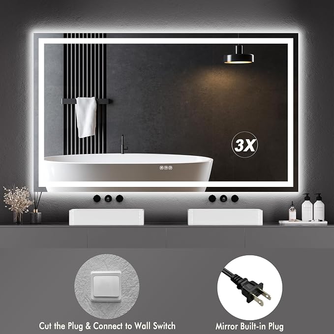 LED Bathroom Wall Mirror 60 x 36 Inch, Frameless Vanity Mirror with Front Light & Ambient Backlight, Single Front LED Strip with 150mm Suction 3X Mirror, Dimmable & Adjustable Color Tempera