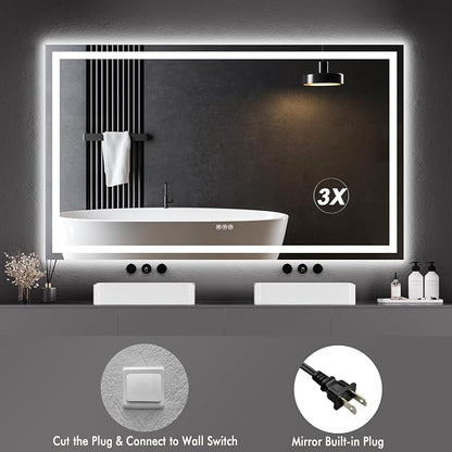 LED Bathroom Wall Mirror 60 x 36 Inch, Frameless Vanity Mirror with Front Light & Ambient Backlight, Single Front LED Strip with 150mm Suction 3X Mirror, Dimmable & Adjustable Color Tempera