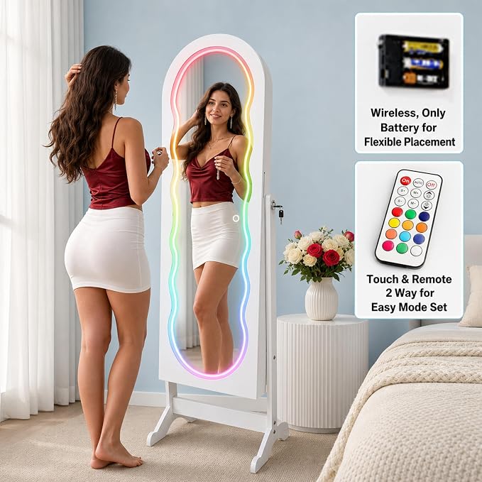 Fiqevs RGB Mirror Jewelry Cabinet, Remote Control LED Mirror with Storage | Arched Standing Jewelry Armoire with Full Length Wavy Mirror, Lockable, Spacious Storage Organizer, Gift Idea, White
