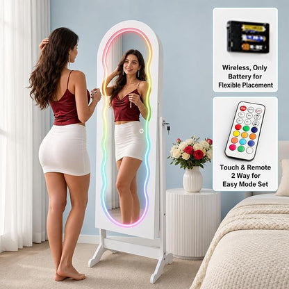 Fiqevs RGB Mirror Jewelry Cabinet, Remote Control LED Mirror with Storage | Arched Standing Jewelry Armoire with Full Length Wavy Mirror, Lockable, Spacious Storage Organizer, Gift Idea, White
