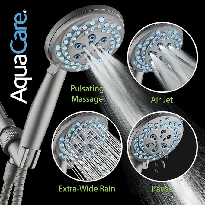 AquaCare New 8-mode High Pressure Handheld Shower Head w/ 2-way Power Wash | Stay Clean Nozzles, Dual Power Wash for Tub, Tile & Pets, Long 6 ft. Stainless Steel Hose, Wall & Overhead Brackets / Modern