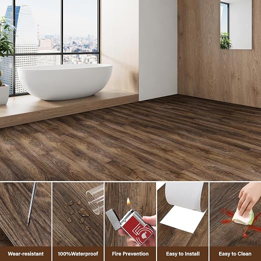 INMOZATA 36 Pack Peel and Stick Floor Tile Waterproof Vinyl Plank Flooring | 54 Sq.Ft, Heat-resistant, Wood Grain Self Adhesive Flooring for DIY Bedroom Living Room Bathroom Kitchen (Walnut)