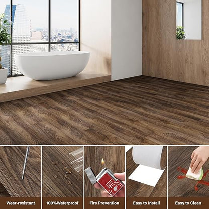 INMOZATA 36 Pack Peel and Stick Floor Tile Waterproof Vinyl Plank Flooring | 54 Sq.Ft, Heat-resistant, Wood Grain Self Adhesive Flooring for DIY Bedroom Living Room Bathroom Kitchen (Walnut)