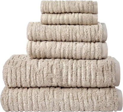 SKL Home CloudSoft Bath Towel Set, 6-Piece, 100% Cotton Luxury, Oatmeal | 2 Bath towels, 2 hand towels, 2 washcloths. Premium spa-level quality. 600/520 GSM weight. Ultra plush & absorbent.