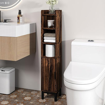 Small Bathroom Storage Cabinet, Corner Floor Cabinet with Door and Shelves, Narrow Toilet Paper Cabinet, Bathroom Organizer with Adjustable Shelf, for Small Spaces (Walnut, 5-Tier)
